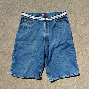 Vintage 90s Y2K Tommy Hilfiger spell out waistband jean shorts Size 34